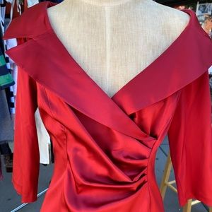 Red Satin Portrait collar fitted dress with back zipper and surplus wrap bodice